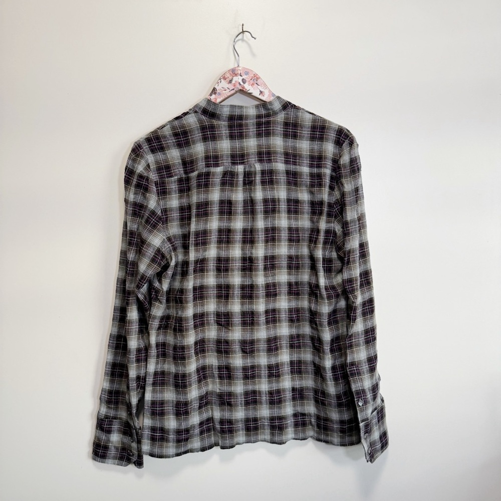 SUNDANCE Womens L Gray Purple Plaid Top Ruffle Raw Neckline Large - Picture 6 of 6